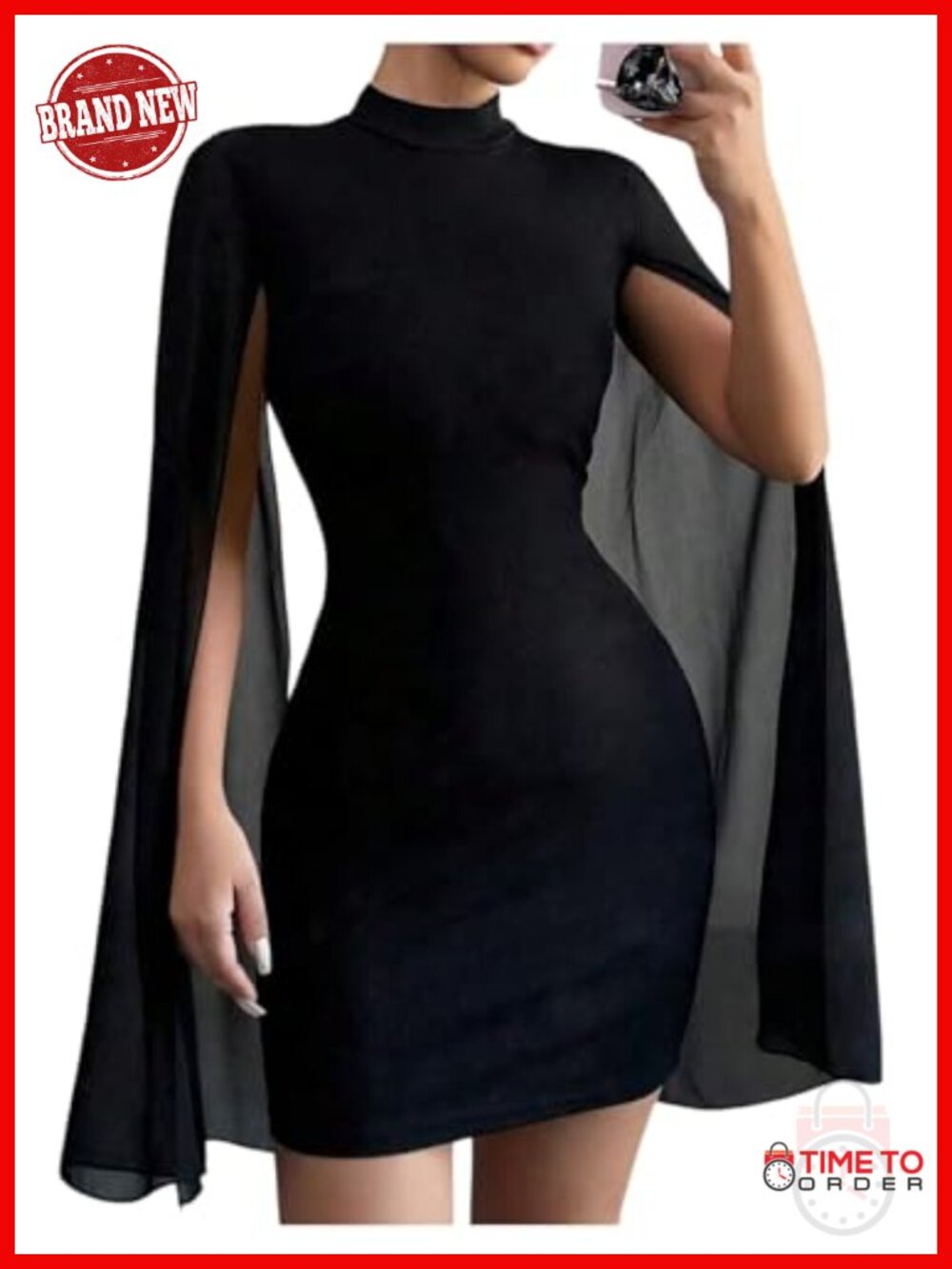 Womens Bodycon Mini Dress Cape Sleeve Mock Neck Rib Knit Cocktail Party